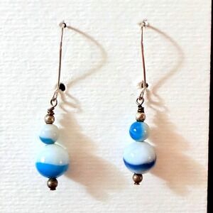 Blue Agate Banded Bead Drop Earrings Silvertone Kidney Wire Stephanie Aune J3037